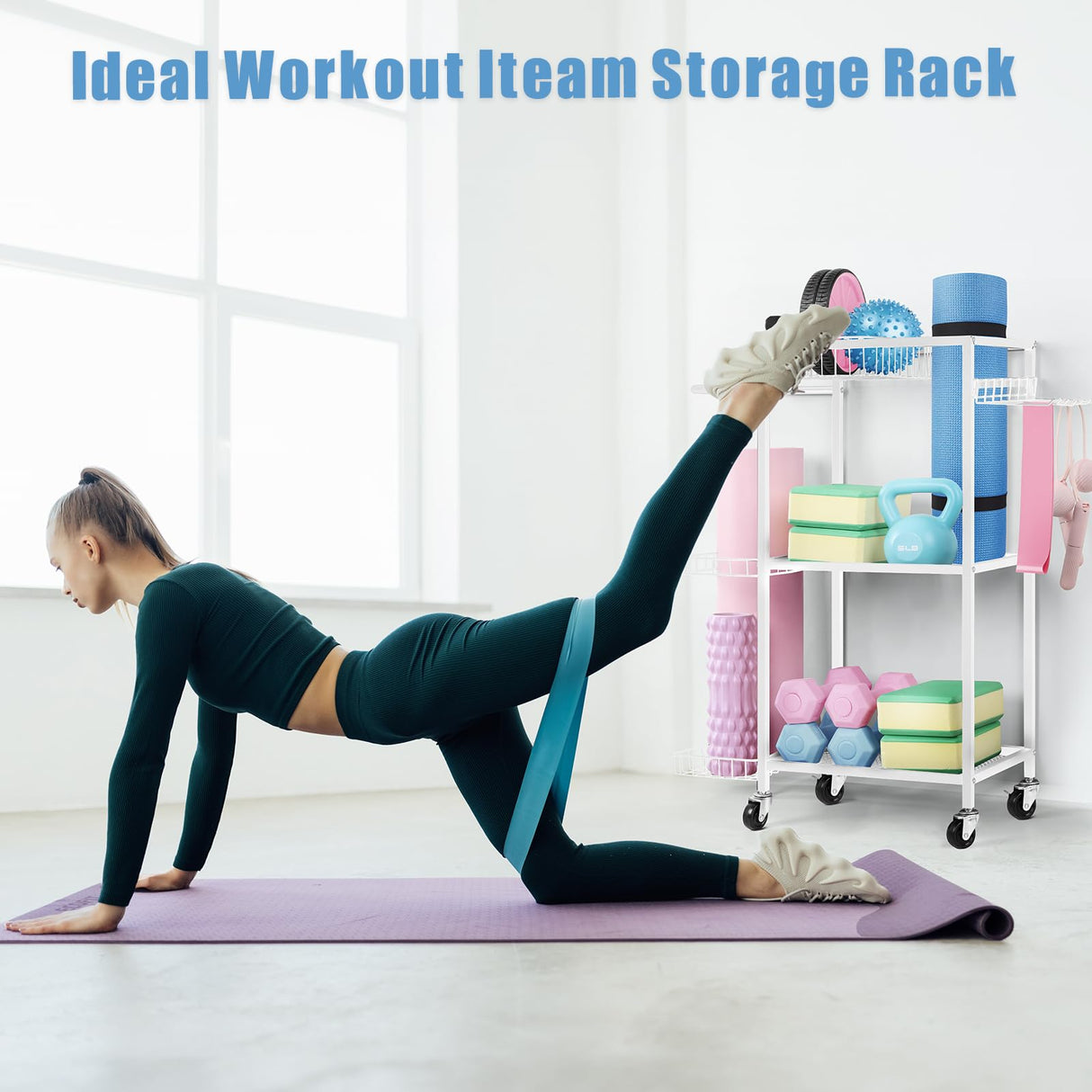 LIANTRAL Yoga Mat Storage Rack - Metal Gym Organizer for Yoga Mats, Foam Rollers & Fitness Equipment, Space Saving Workout Equipment Storage Rack for Home Exercise and Fitness Gear, White LIANTRAL