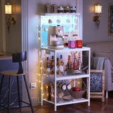 Korfile Kitchen Bakers Rack with Power Outlet & LED Lights, Small Coffee Bar Table with Adjustable Storage Shelf, 4 Tiers Microwave Stand with 8 Hooks, Coffee Station for Appliance Organizer, White Korfile