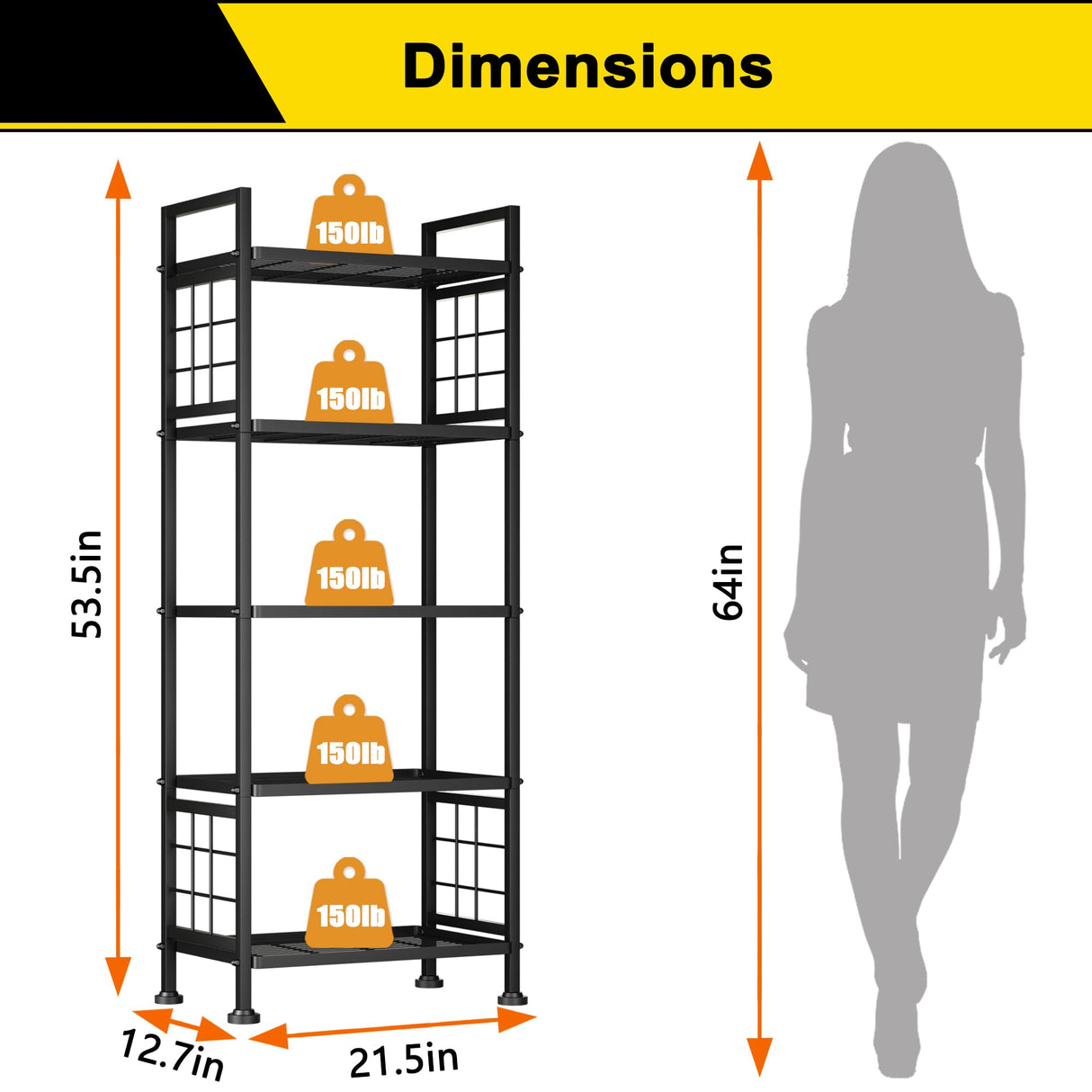 GIOTORENT 5-Tier Heavy Duty Garage Shelving Unit 750 lb Capacity, All-Carbon Steel Storage Rack for Laundry Room Organization, Kitchen Pantry Bathroom - Commercial Metal Shelves (Black) GIOTORENT