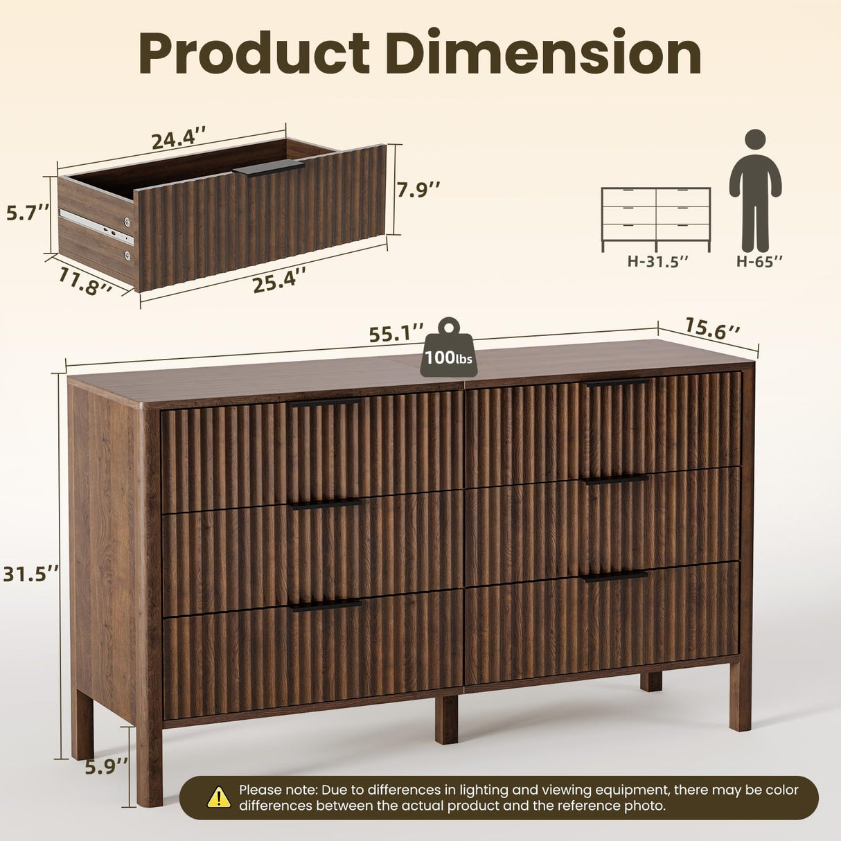55" Wide Fluted 6 Drawer Dresser for Bedroom, Wooden Dresser Modern Chest of Drawers TV Stand Dressers with Organizer Storage for Bedroom, Living Room, Entryway, Hallway, Walnut MODNEST