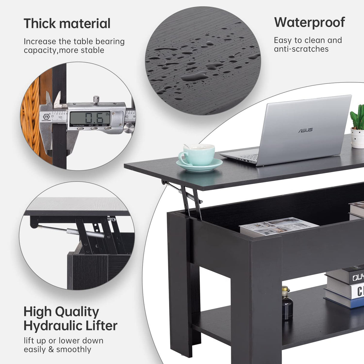 FDW Lift Top Coffee Table with Hidden Compartment and Storage Shelf Wooden Lift Tabletop for Home Living Room Reception Room Office (Black) FDW