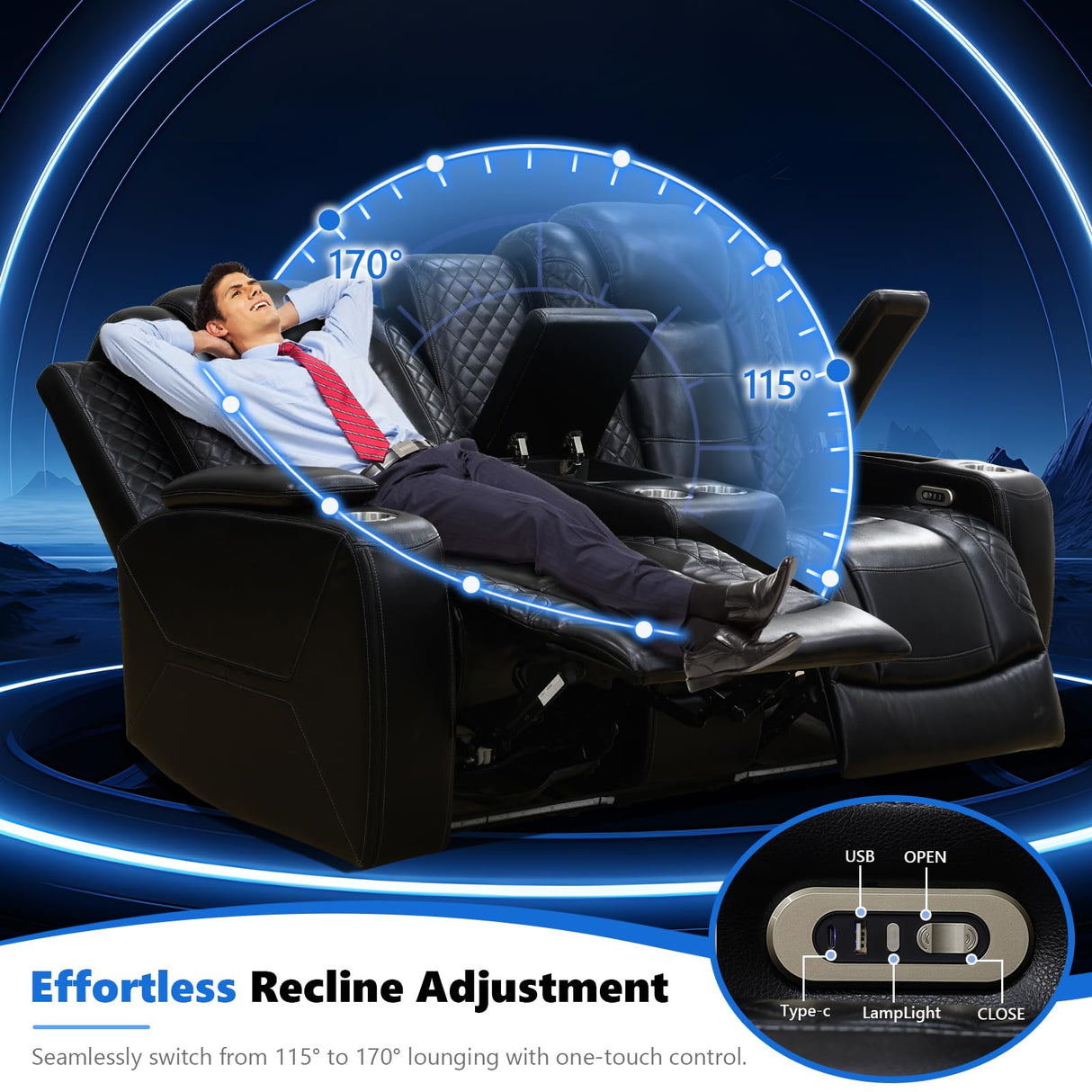 Power Reclining Loveseat Sofa for Home Theater, PU Leather Wall Hugger RV Recliner with Console, 4 Cup Holders, USB & Type-C, LED Lights, 170° Adjustable Backrest, Black Lyngins