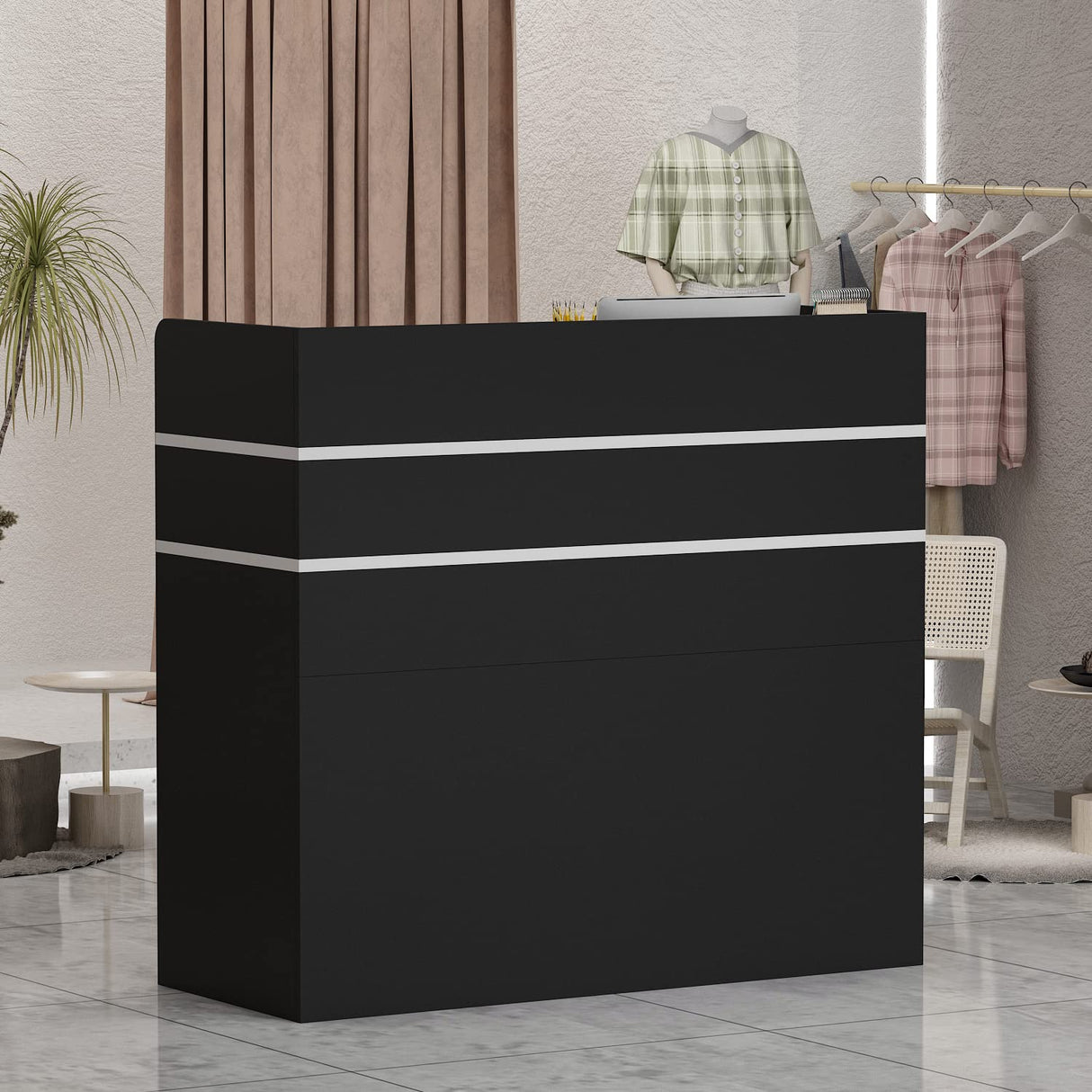 AGOTENI Reception Desk Reception Stations with Open Shelf & Drawers, Wooden Counter Desk with Lockable Drawer for Office Reception Room (Black) AGOTENI