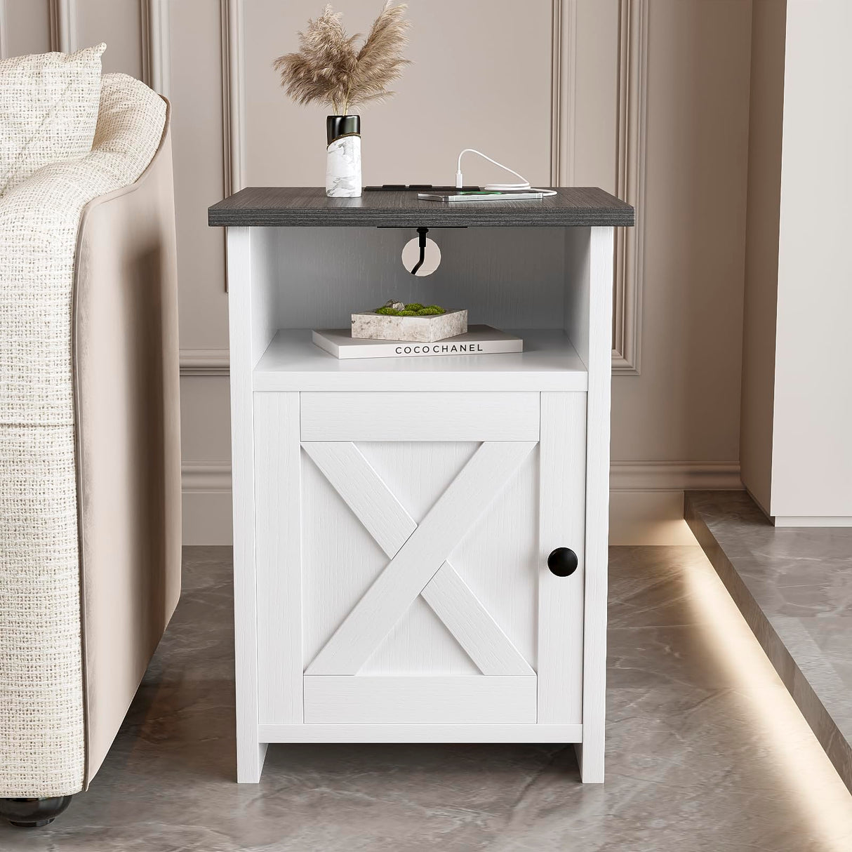 AURINEST Farmhouse Night Stand Set of 2 with Charging Station, End Tables with USB Ports&Power Outlets, Rustic Bed Side Table with Barn Door and Shelf for Living Room, Bedroom, Small Spaces, White AURINEST