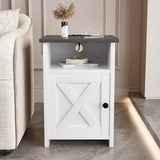 AURINEST Farmhouse Night Stand Set of 2 with Charging Station, End Tables with USB Ports&Power Outlets, Rustic Bed Side Table with Barn Door and Shelf for Living Room, Bedroom, Small Spaces, White AURINEST