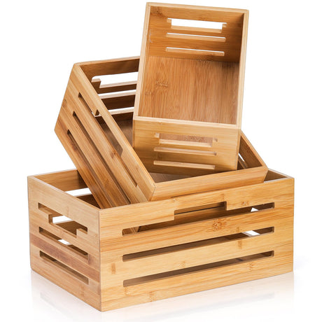 Youeon Set of 3 Bamboo Nesting Crates with Handles, 14.6/12/9.5 Inch Bamboo Crates for Storage and Rustic Decor, Decorative Storage Crate Box for Kitchen, Pantry, Office Youeon