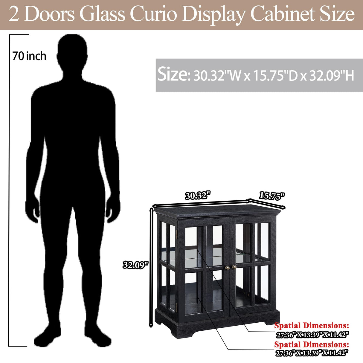 TRJQBCC 30" Glass Curio Display Storage Cabinet with LED Light, Modern 2 Lattice Doors Tableware Display Sideboard w/Adjustable Shelves, Retro Design Quality Showcase Bookcase for Home (Black) TRJQBCC