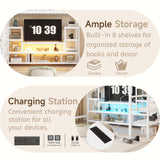 Full Size Loft Bed with LED Light & TV Table, High Loft Beds with Charging Station & Storage Bookcase, Wardrobe, Heavy-Duty Metal Lofts Frame with Stairs for Kids, Teens & Adults Dorms, White Mirightone