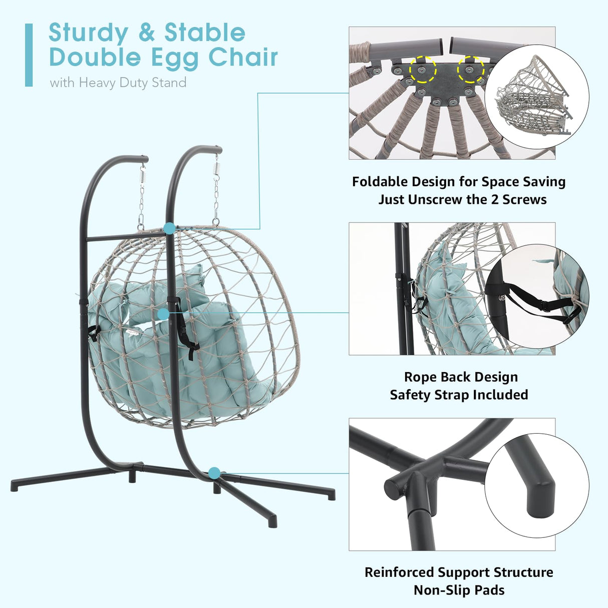Patiorama 2 Person Double Egg Swing Chair with Stand Indoor Outdoor, Patio Wicker Rattan Hanging Egg Chair w/Cushion, Pillow, Foldable Hammock Chair 550lbs for Bedroom, Balcony, Garden (Light Blue) Patiorama