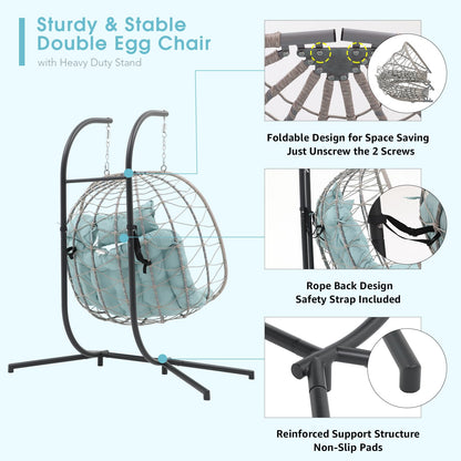 Patiorama 2 Person Double Egg Swing Chair with Stand Indoor Outdoor, Patio Wicker Rattan Hanging Egg Chair w/Cushion, Pillow, Foldable Hammock Chair 550lbs for Bedroom, Balcony, Garden (Light Blue)