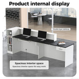 Anzhap L-shaped Standing Reception Desk with LED Lights, Front Desk Reception Counter with Drawer, Open Storage Cabinets for Office, Salon, Lobby (Black Grain + White Grain/Left, 71"L * 24"W * 39"H) Anzhap