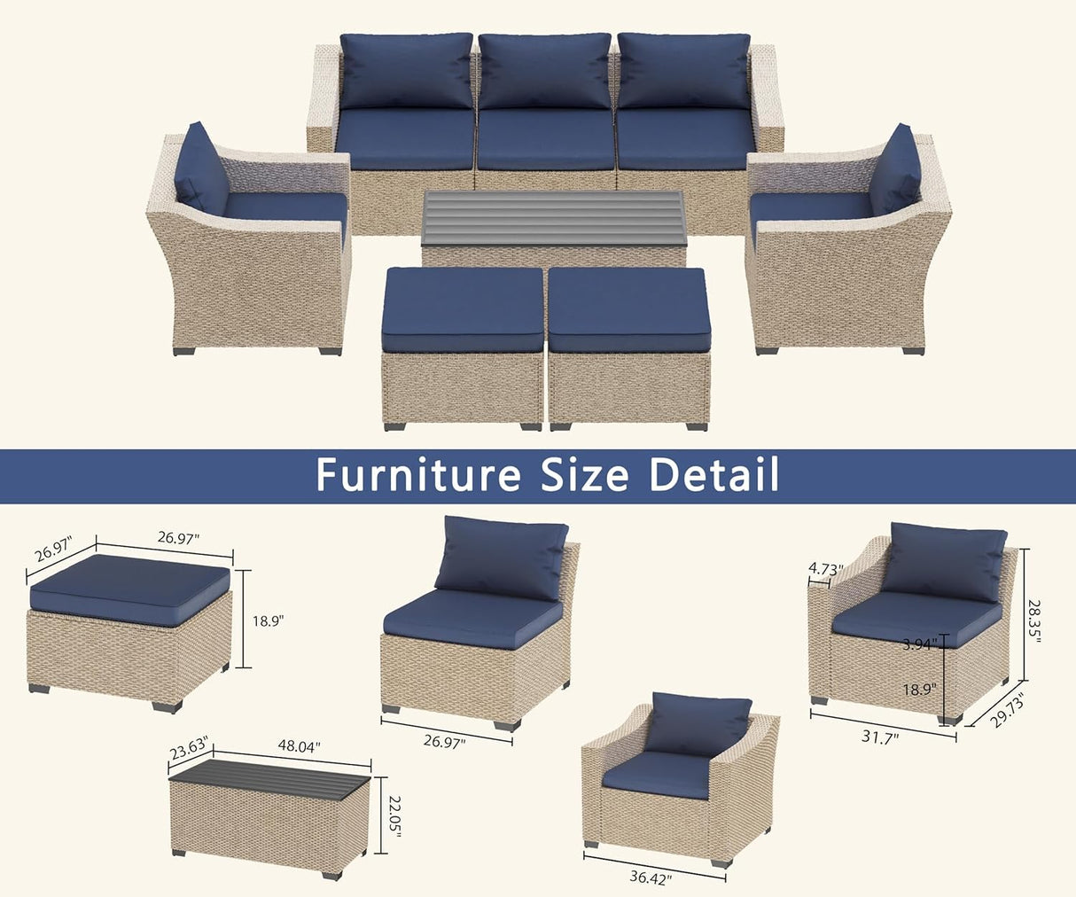 LHBcraft Outdoor Patio Furniture Set 8 Pieces, Rattan Outdoor Couch with Coffee Table, Comfortable Wicker Patio Furniture Sets for Yard, Pool or Porch, Blue LHBcraft