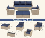 LHBcraft Outdoor Patio Furniture Set 8 Pieces, Rattan Outdoor Couch with Coffee Table, Comfortable Wicker Patio Furniture Sets for Yard, Pool or Porch, Blue LHBcraft