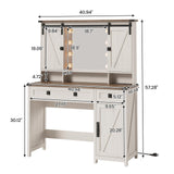 AOGLLATI Makeup Vanity with Lights & Barn Doors, Vanity Desk with Mirror and Lights & Charging Station, Farmhouse White Vanity Table with Jewelry Hooks and Open Storage Shelves AOGLLATI