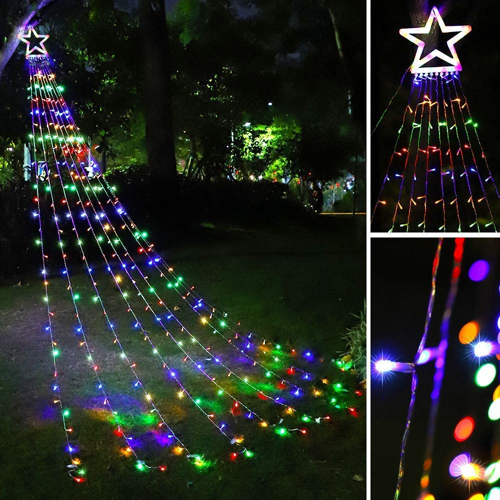 PUHONG Christmas Decoration Outdoor Star String Lights,16.4Ft Christmas Tree Toppers Lights 320 LED 8 Memory Modes with 14" Lighted Star for Halloween Christmas New Year Holiday Birthday