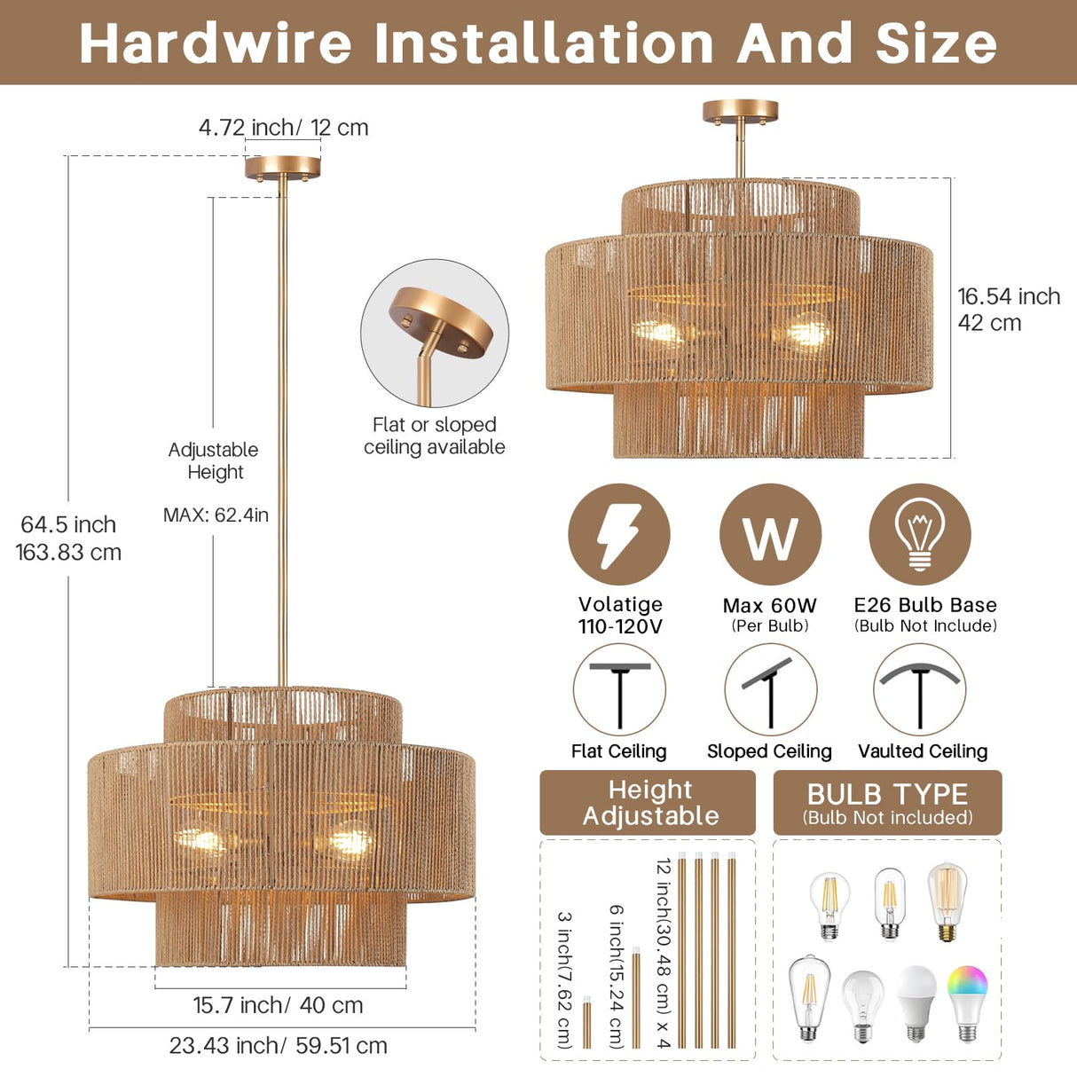 CLARSYNE 24'' Boho Rattan Chandelier, 4-Light Hand-Woven Wicker Pendant Lamp, Rustic Modern Ceiling Light Fixture for Dining Room, Kitchen Island, Living Room, Bedroom, Foyer, Entryway, Over Table CLARSYNE