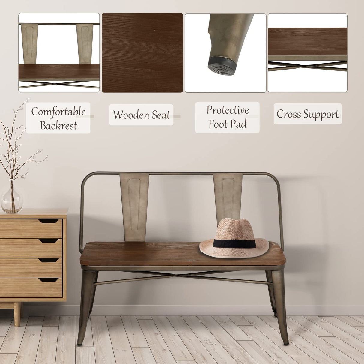 YOLENY Dining Bench, Entryway Bench with Back, Farmhouse Metal Dining Bench, Industrial Mid-Century 3 Person Rustic Spindle Bench, with Wood Seat, Removable Backrest, 42in, Bronze YOLENY