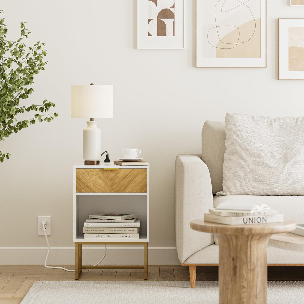 Masupu Night Stand with Charging Station,Modern Nightstand Boho Farmhouse Wood Bedside Table with Storage Drawer Side End Table for Bedroom,Living Room,Office,White with Outlet Masupu