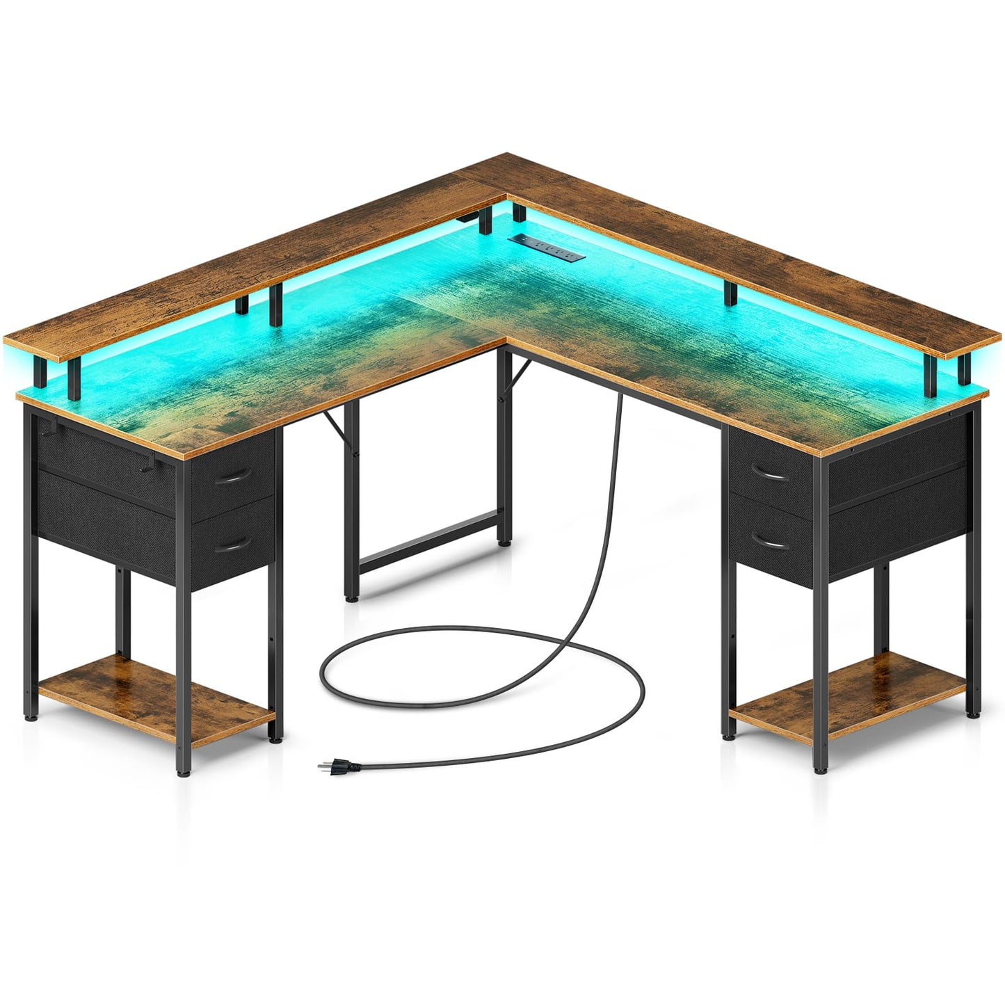 Seventable L Shaped Gaming Desk with 4 Drawers, Computer Desk with LED Lights & Power Outlets, Home Office Desk with Shelves & Monitor Stand for Living Room, Rustic Brown - WoodArtSupply