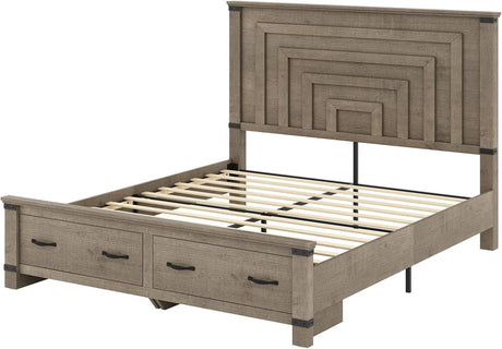 AMERLIFE Farmhouse Queen Bed Frame with 54" Tall Geometric Headboard & Footboard, Rustic Wood Platform Bed Frame with Large Storage Drawers, Wood Slats Support, No Box Spring Needed, Rustic Gray AMERLIFE
