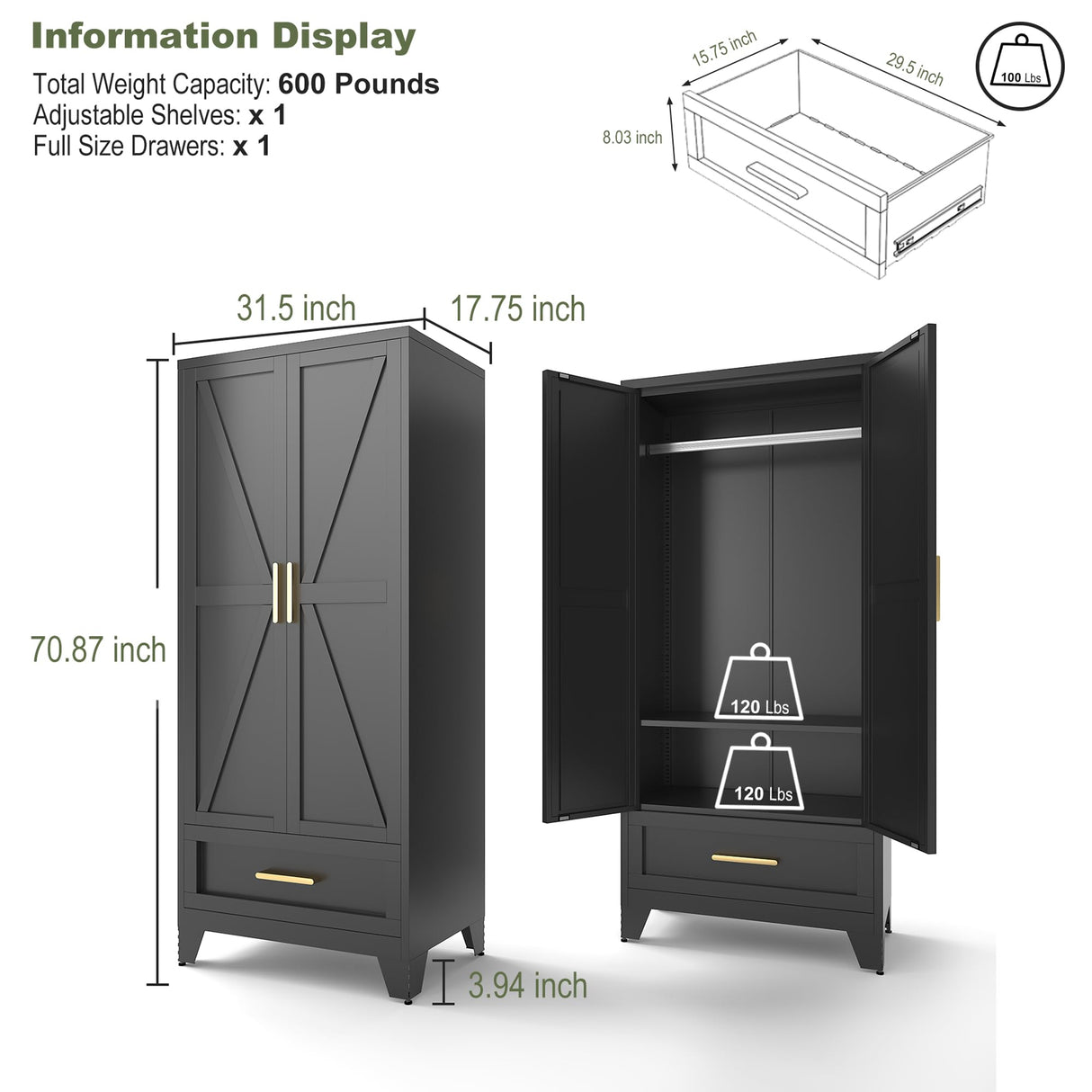71 Farmhouse Metal Wardrobe Closet with Hanging Rod, 2 Barn Doors, Adjustable Shelves, Steel Armoire with Drawer for Home, Bedroom Black COFaR