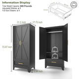 71 Farmhouse Metal Wardrobe Closet with Hanging Rod, 2 Barn Doors, Adjustable Shelves, Steel Armoire with Drawer for Home, Bedroom Black COFaR