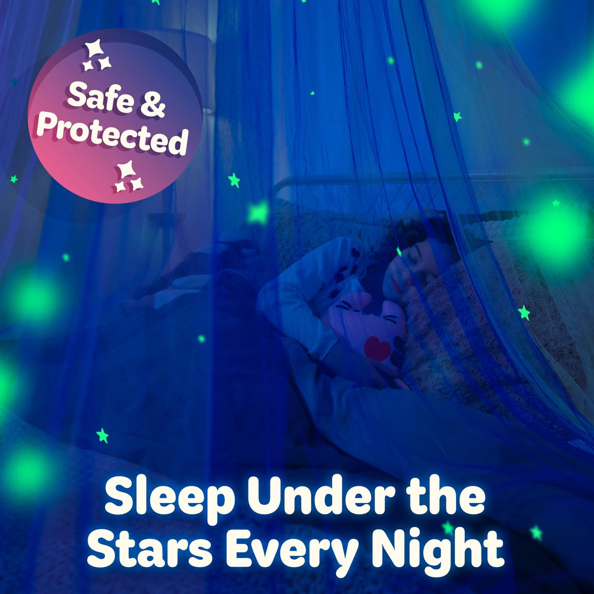 Blue Canopy Bed, Blue Bed Canopy with Glow in The Dark Stars for Girls, Boys, Kids and Babies, Net Use to Cover The Baby, Kid Bed, Girls Bed Or Full Size Bed, Fire Retardant Fabric Bollepo