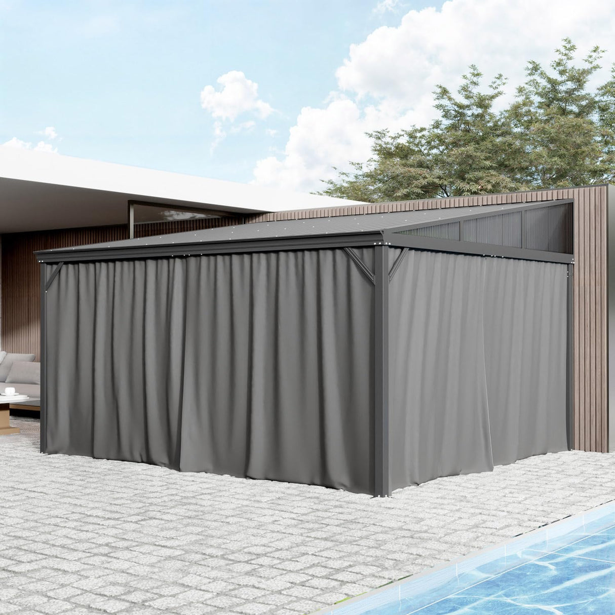 PIAOMTIEE Lean to Backyard Gazebo, Wall Mounted Heavy Duty Gazebo Outdoor Waterproof, Patio Pergola Awning with Iron Roof, Aluminum Frame, Mosquito Net, Curtains for Backyard, Grey + Brown(12x14FT) PIAOMTIEE