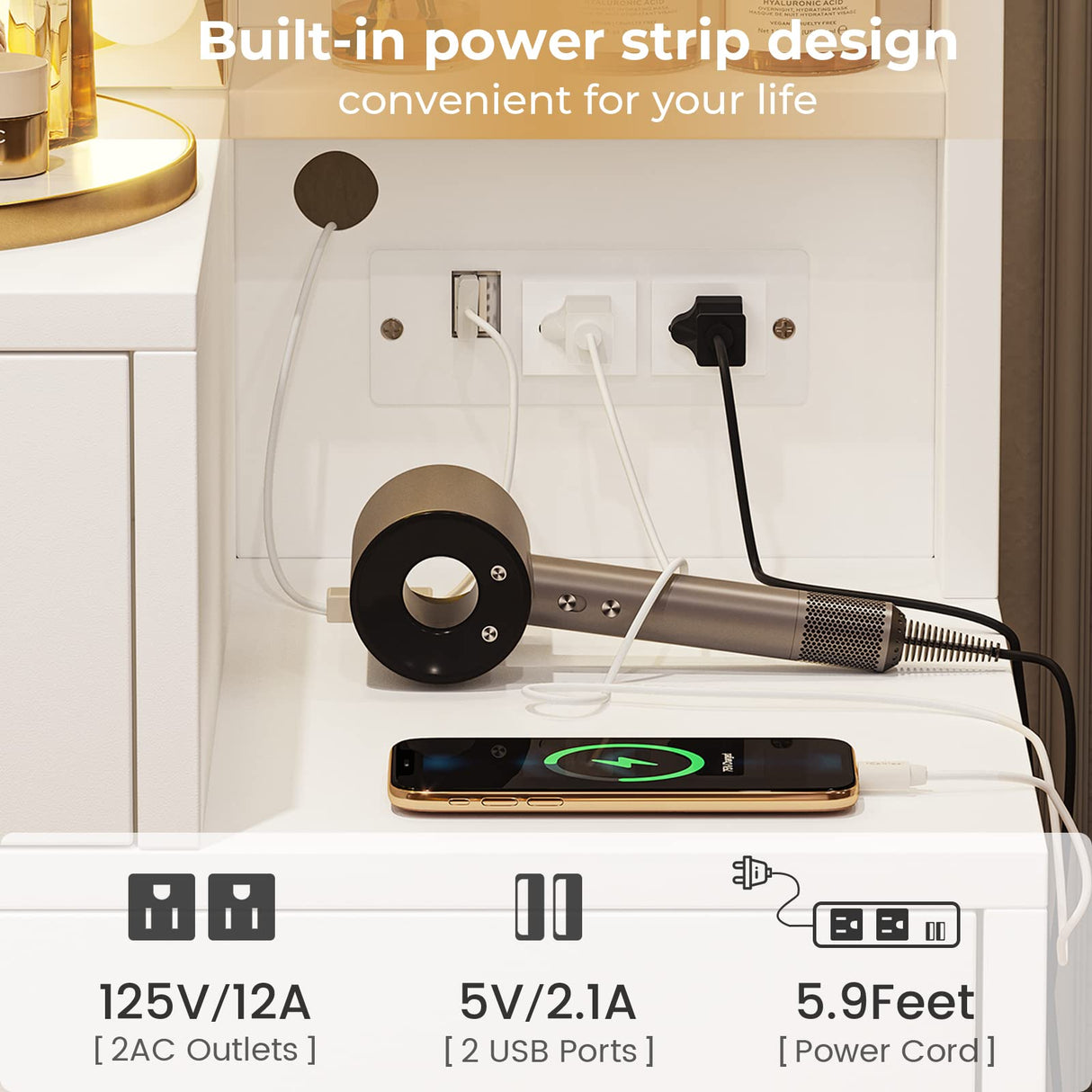 BTHFST Vanity Desk with Sliding Mirror and Lights, Makeup Vanity with Lights and Charging Station, Makeup Desk with 5 Drawers, Modern Vanity Table with Hidden and Open Storage Shelves, White BTHFST