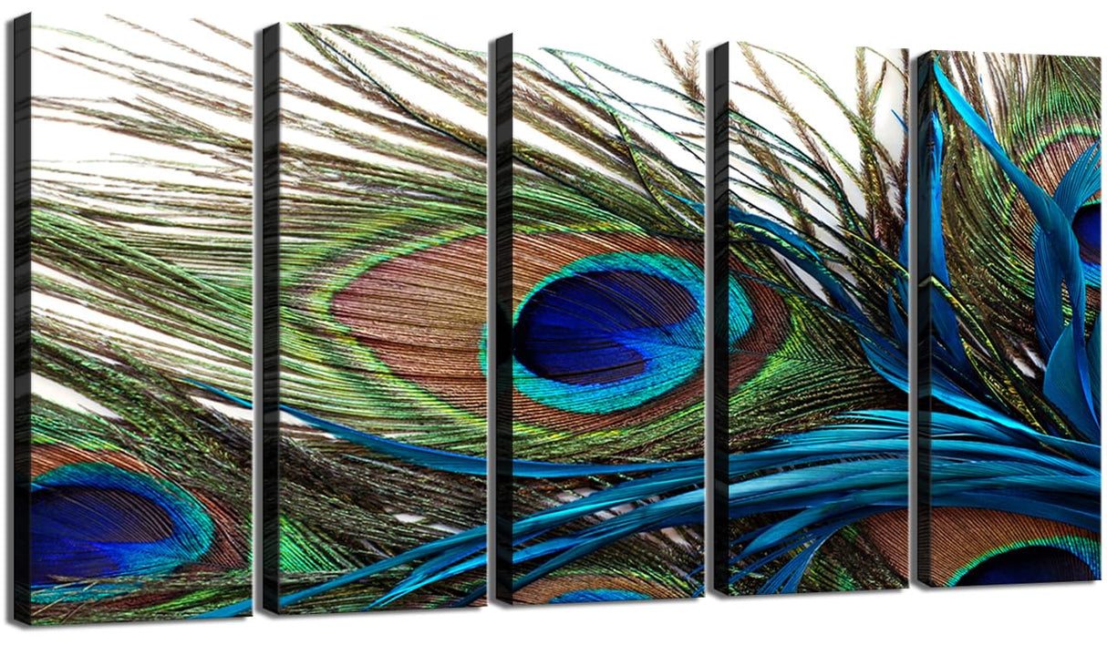 Wall Art for Living Room Bedroom Decoration Peacock Painting Canvas Print Framed Art Animal Feather Plume Modern Art for Office Wall Décor Teal Blue Green 5 Panels Large Size CANVASZON