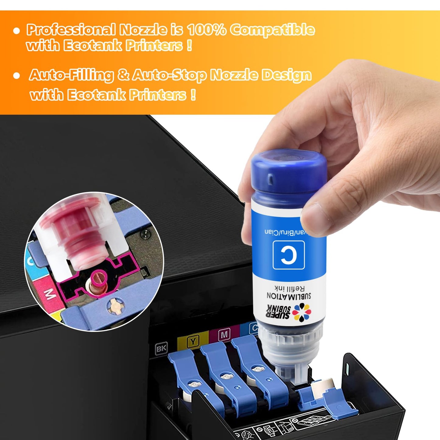 SUPERSUBINK Sublimation Ink for Epson 2800 ET2803 ET2850 ET2720 ET2760 ET4800 ET15000 Heat Press Transfer Ink (Auto-Fill Anti-UV ICC-Free)