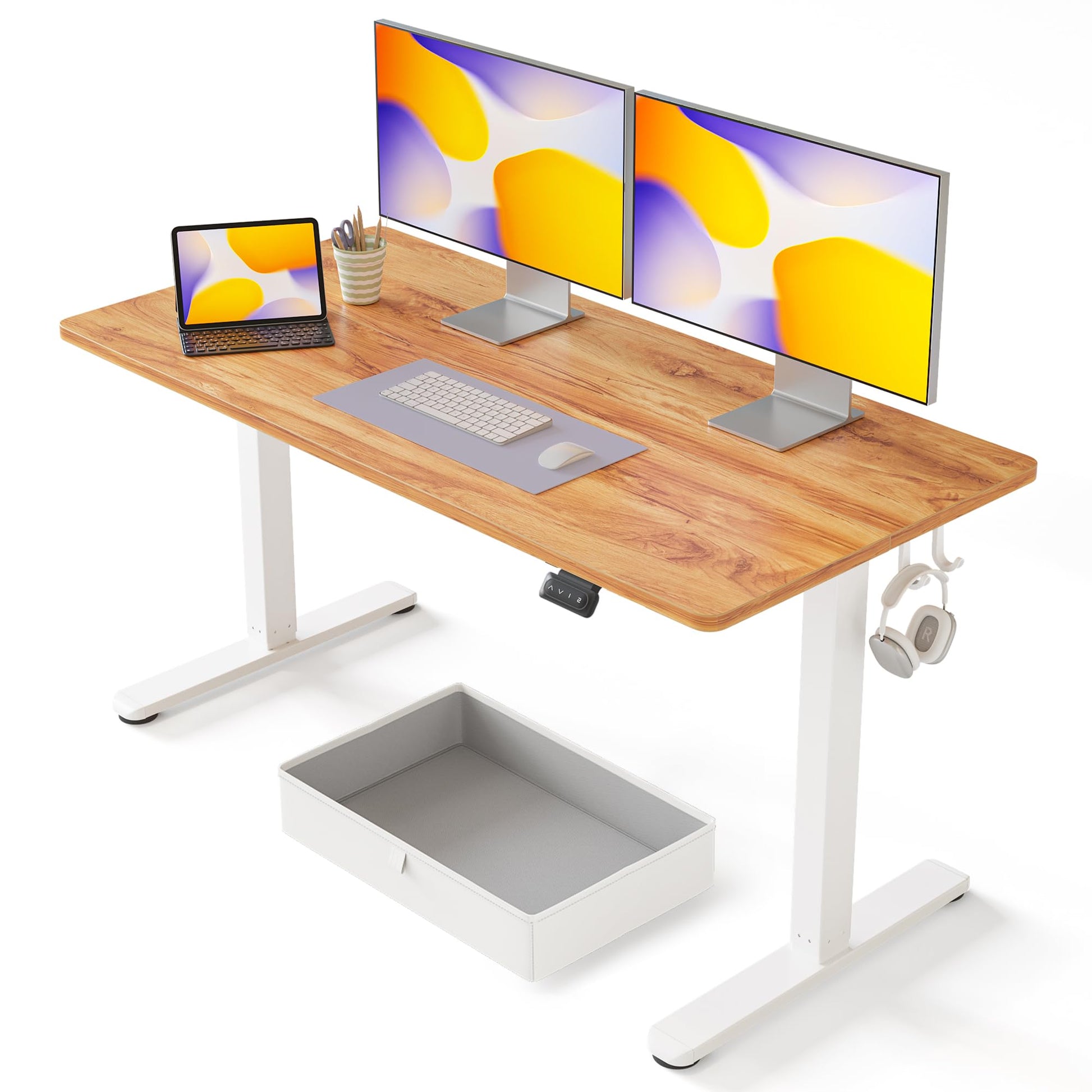 FEZIBO 63 x 24 Inches Standing Desk with Drawer, Adjustable Height Electric Stand up Desk with Storage, Sit Stand Home Office Desk, Ergonomic Computer Desk, Light Rustic - WoodArtSupply