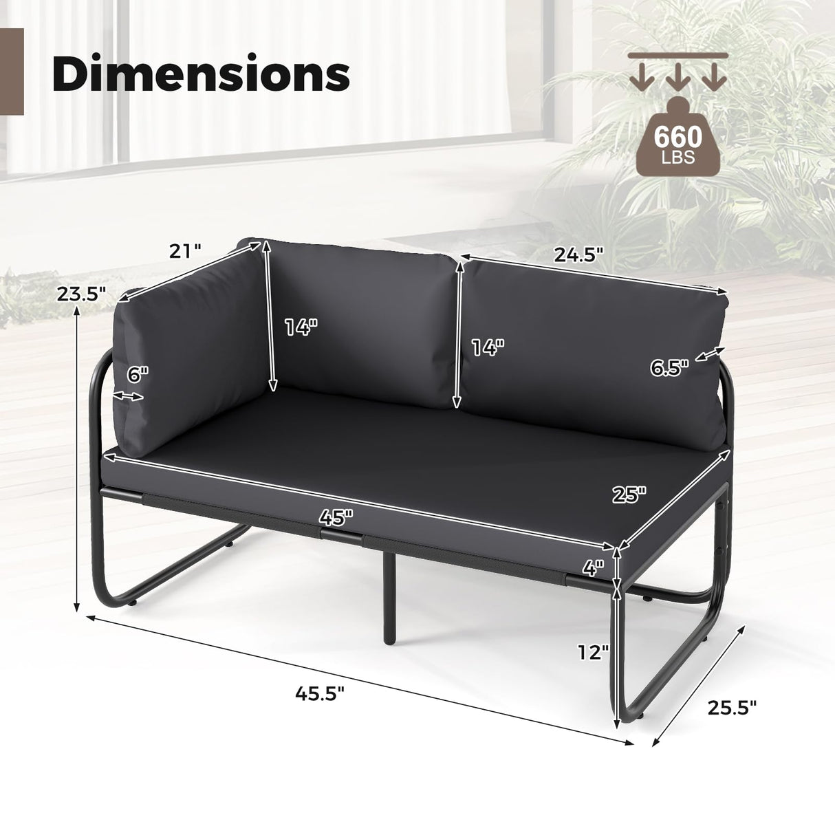 Tangkula Patio Loveseat, Sofa Couch with Removable Pillows & Seat Cushion, Side Armrest, Heavy Duty Metal Frame & Adjustable Foot Pads, Outdoor Double Chair Furniture for Garden (Grey + Black) Tangkula