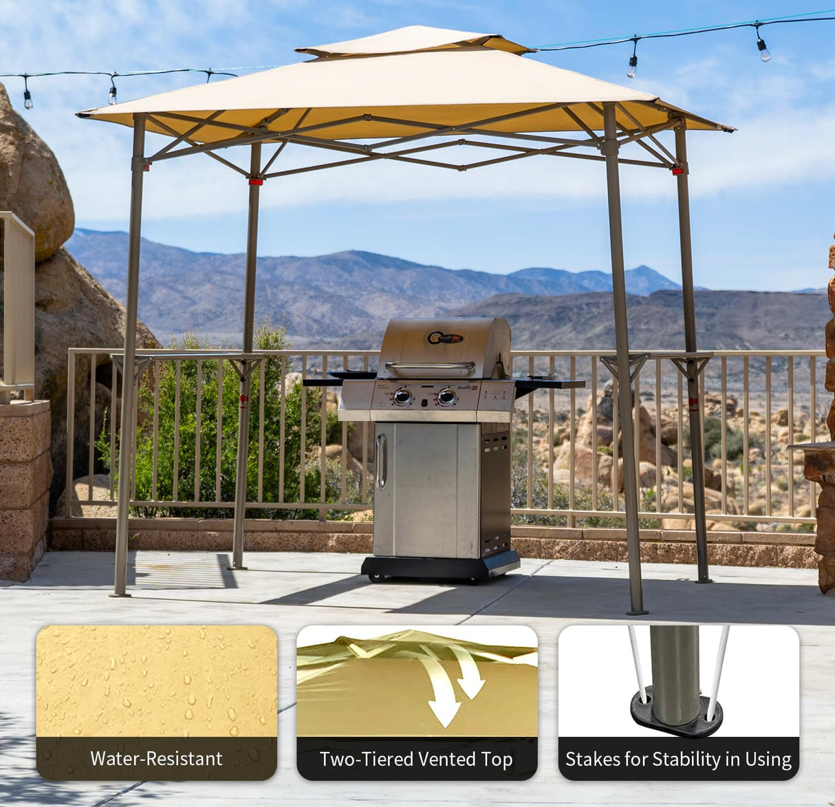 Crown Shades 8x5 Grill Gazebo - Pop Up Canopy for BBQ and Backyard Patio - Easy Outdoor Barbecue Shade Cover with Double Tier Vented Top & 2 Side Shelves (Beige) CROWN SHADES