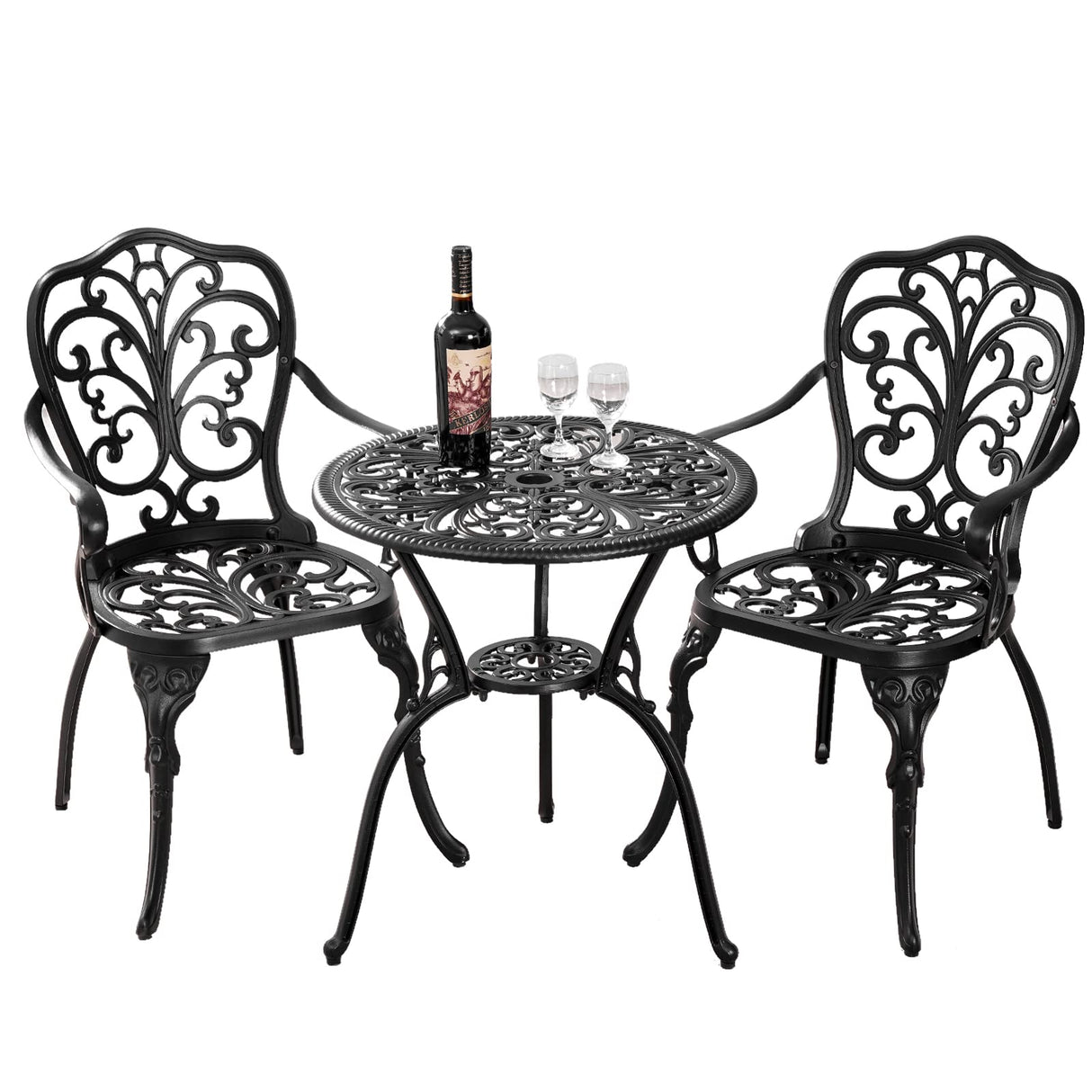 Withniture 3 Piece Patio Bistro Set Cast Aluminum Bistro Table and Chairs Set of 2 with Umbrella Hole,All Weather Metal Bistro Table Set,Outdoor Patio Furniture Set for Garden(Butterfly Black) Withniture