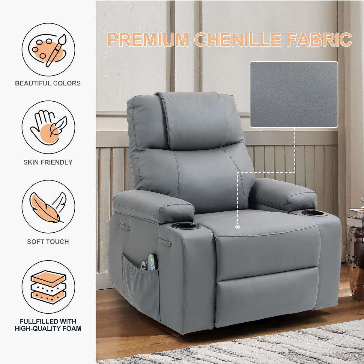 Power Lift Recliner Chair for Elderly, Electric Stand Assist Reclining Chair with Massage and Heat Function, Leather Living Room Furniture, Comfy Single Sofa with Cup Holders, Side Pockets, Gray BRTHORY