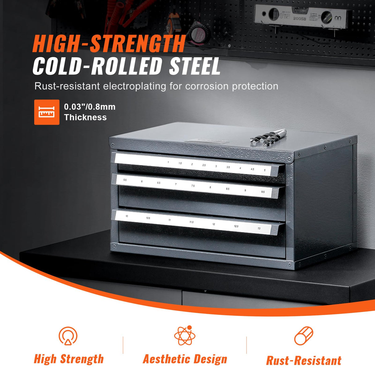 VEVOR Drill Bit Organizer - Three-Drawer Steel Cabinet for 1mm to 13mm, Labels, Stackable VEVOR