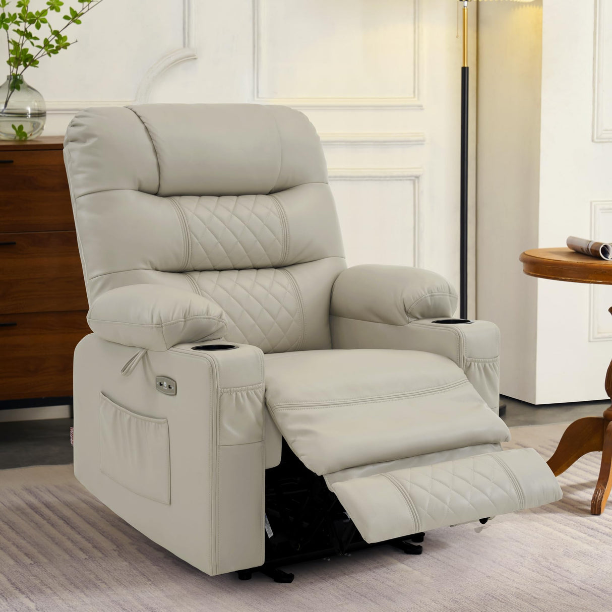 MCombo Power Recliner Chair with Heat and Vibration, Cup Holder, USB Port, Extended Footrest, Faux Leather Electric Reclining Sofa for Living Room PR621 (Light Grey) MCombo