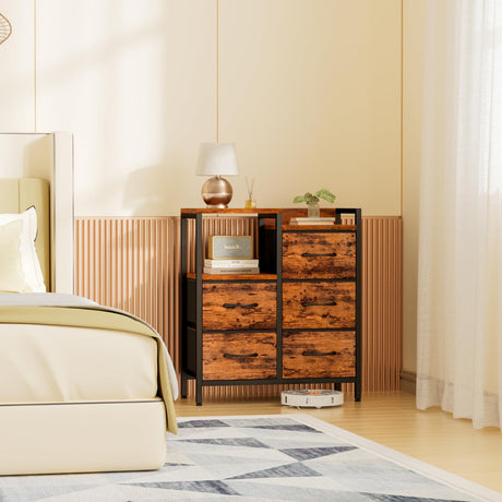 Furnulem 5 Drawer Rustic Brown Dressers for Bedroom 2 Tier Shelf Storage Small Fabric Dresser for Closet Sturdy Metal Frame Modern Style Storage Cabinets Organization Units for Hallway Rooms Furnulem