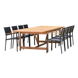 Amazonia Trentino 9 Piece Extendable Patio Dining Set | Teak Finish Table and Sling Black Chairs| Durable, Quick Dry Ideal for Outdoors Amazonia