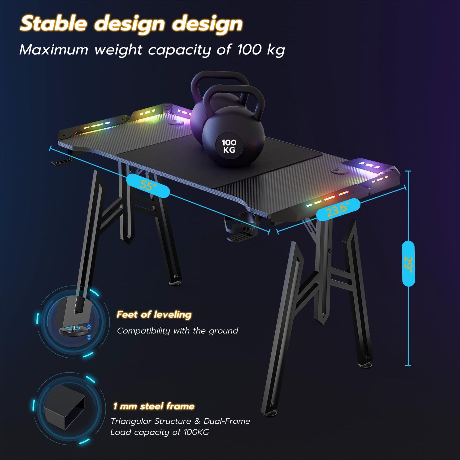 WEMUZVIU Gaming Desk with LED Lights - Ergonomic RGB Gaming Computer Table, 55 inch Carbon Fiber Surface Computer Desk PC Workstation with Cup Holder & Headphone Hook - WoodArtSupply