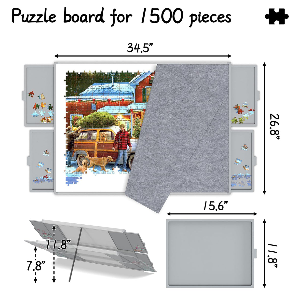 Puzzle Board 1500 Pieces,Jigsaw Puzzle Board with Adjustable Tilting Pole,Jigsaw Puzzle Board with Drawers,Grey Tilting Puzzle Board with Cover,Puzzle Storage,Puzzle Tray Doerpuz