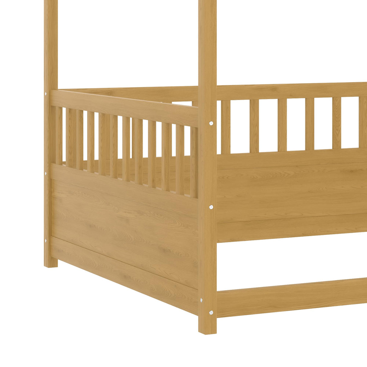 Full Size Canopy Bed Frame with 4 Posters and Guardrails, Full Size Montessori Floor Bed with High Fence, Natural Bellemave