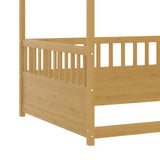 Full Size Canopy Bed Frame with 4 Posters and Guardrails, Full Size Montessori Floor Bed with High Fence, Natural Bellemave