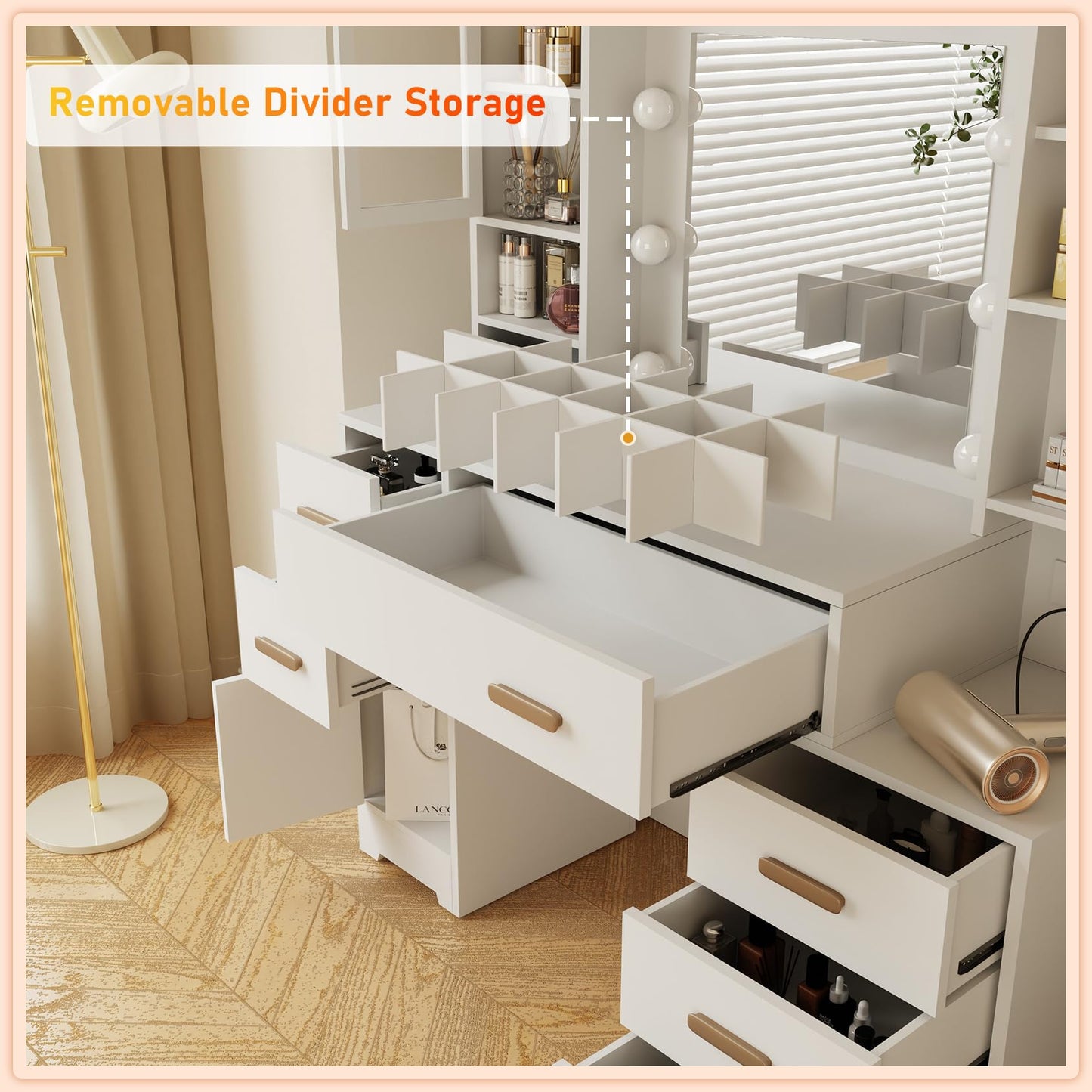 DYHOME Makeup Vanity Desk with Mirror and Lights & Charging Station, 49" Large White Vanity Desk with 3 LED Light Modes, Make Up Vanity Table Makeup Desk with 7 Drawers & 3 Cabinets for Bedroom