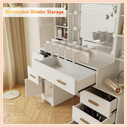 DYHOME Makeup Vanity Desk with Mirror and Lights & Charging Station, 49" Large White Vanity Desk with 3 LED Light Modes, Make Up Vanity Table Makeup Desk with 7 Drawers & 3 Cabinets for Bedroom