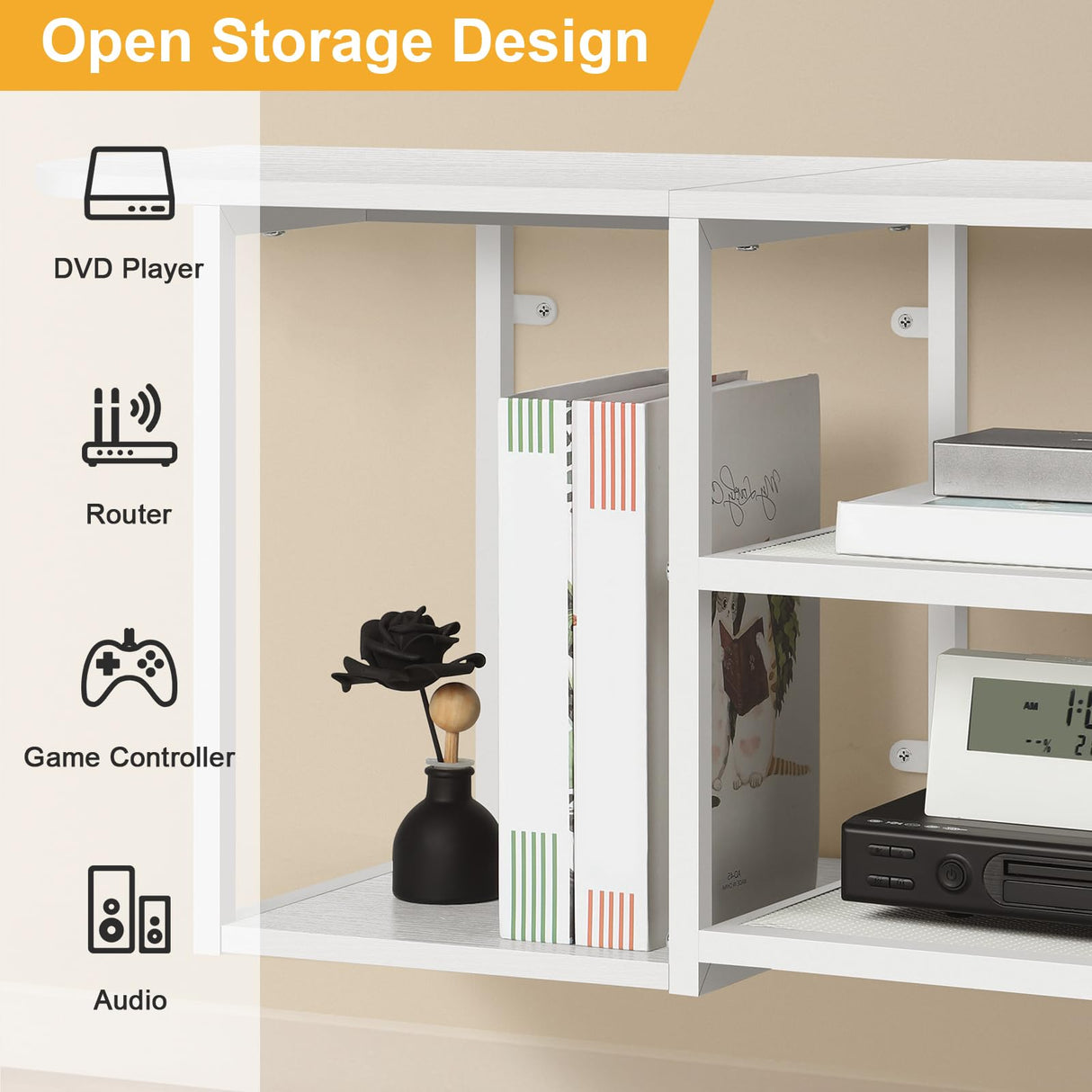 BTY Floating TV Stand for 50" TV Wall Mounted Entertainment Center with 3 Tier Open Storage Shelf, Wooden Media Console for Living Room, Bedroom, Under TV Shelf, White BTY