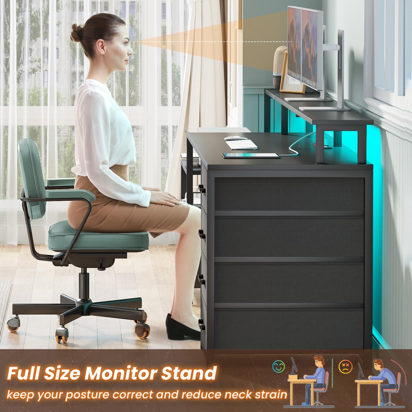 SEDETA Computer Desk with 5 Drawer, Power Outlet & Led Lights, 66'' Home Office Desk with File Drawer, Storage, Monitor Shelf, Gaming Desk, Black - WoodArtSupply