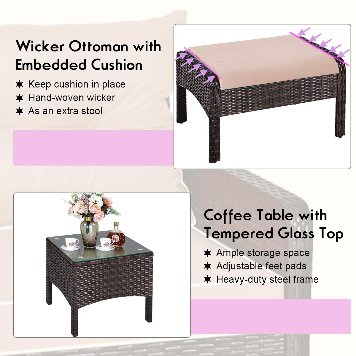 Tangkula Wicker Furniture Set 5 Pieces PE Wicker Rattan Outdoor All Weather Cushioned Sofas and Ottoman Set Lawn Pool Balcony Conversation Set Chat Set Tangkula