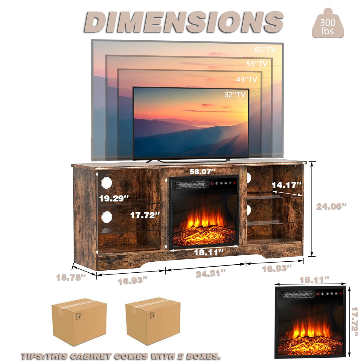 LEMBERI 58 Inches Fireplace TV Stand for TVs up to 65 Inches Console with 18'' Electric Fireplace & Remote, Wooden Modern Entertainment Center for Living Room with LED Light Glass Shelves (Brown) LEMBERI